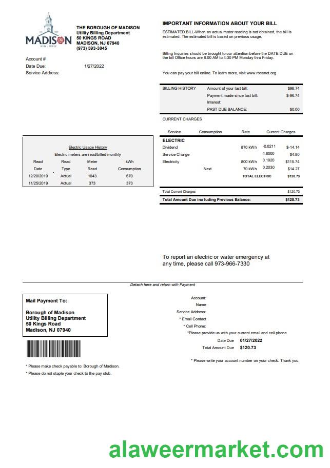 USA New Jersey The Borough of Madison utility bill template in Word and PDF format